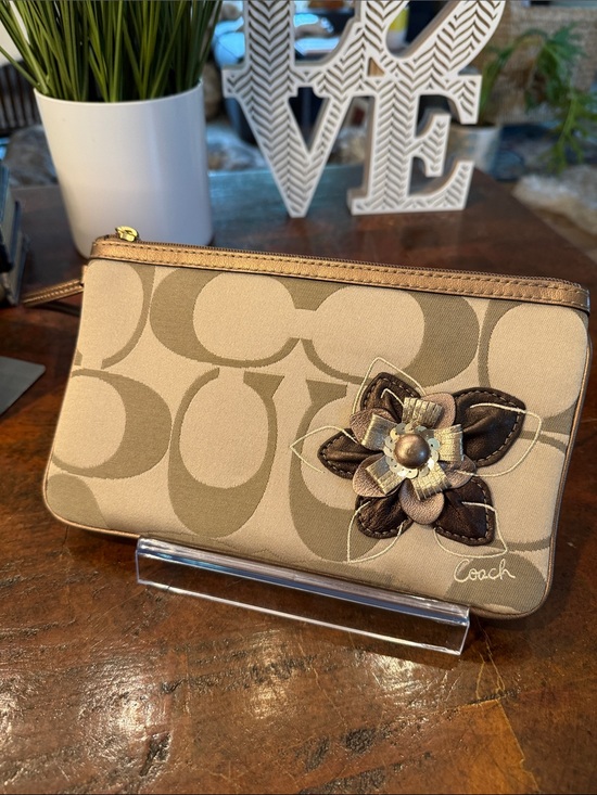 Coach Handbags - Coach Beige & Brown Floral Appliqué Wristlet